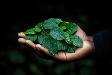 Close-up of african adult's hand holding fresh green leaves with dewdrops