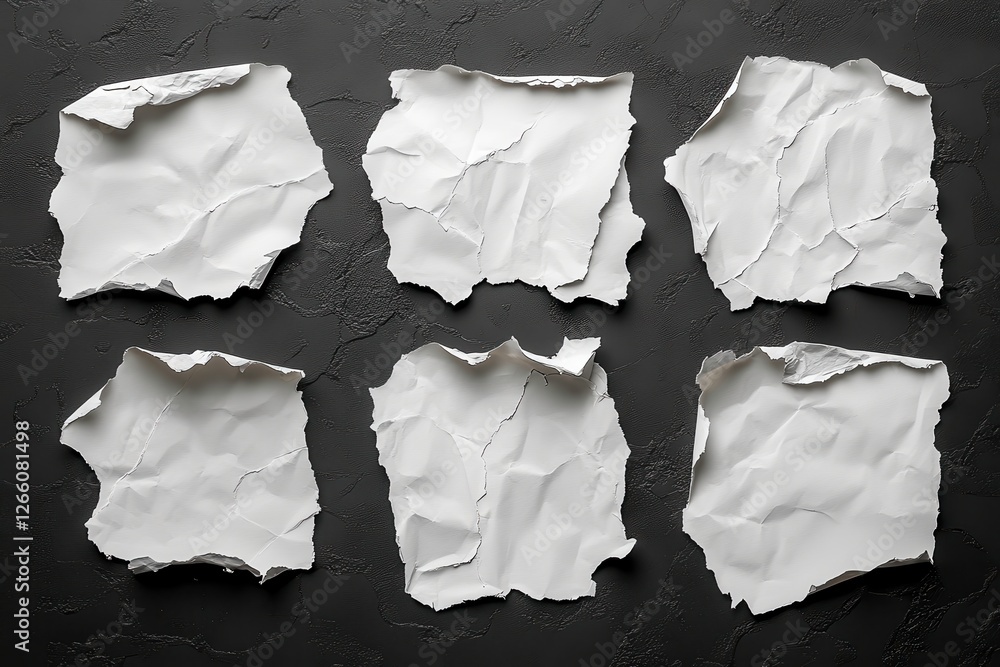 Poster white torn paper sheets arranged on a textured black background creating an artistic display. genera