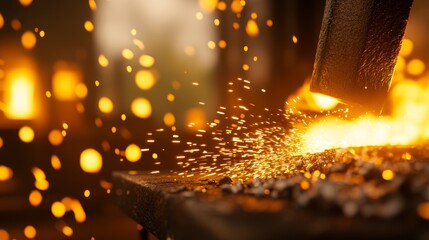 Close-up of blacksmith forging metal with glowing spark in a workshop filled with heat
