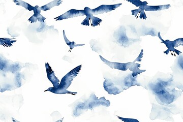 Watercolor navy blue abstract Seagull seamless pattern. Sea life. Flying Gull Birds silhouettes in the sky.
