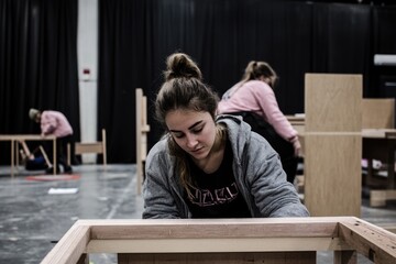 Obraz premium Young caucasian female carpentry workshop with focused women assembling furniture