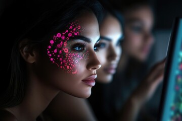 Obraz premium Young asian female with futuristic digital face projection exploring technology