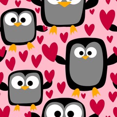 Valentines cute animals in love seamless penguin and heart pattern for 14 February wrapping paper and fabrics