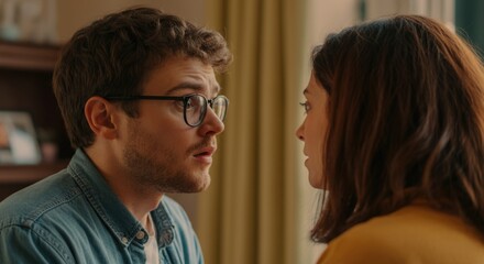 Fototapeta premium Young caucasian couple in intense conversation at home