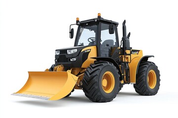 A skid steer loader with a snowplow attachment isolated on a white background