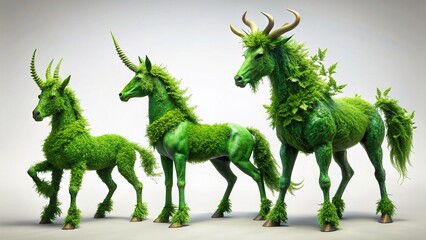 Obraz premium Silhouette of Mythical Green Creatures Sculptures, Isolated on White Background