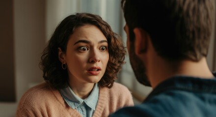 Naklejka premium Young caucasian female expressing surprise during conversation with adult male indoors