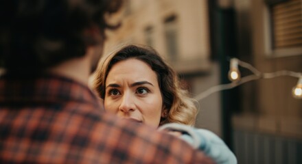 Concerned caucasian young woman looking at person in urban setting