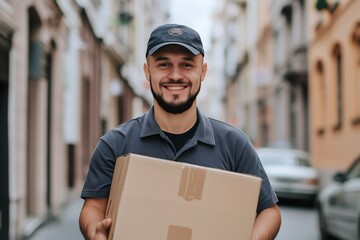 Smiling Delivery Person: A friendly delivery person with a box, beaming with a genuine smile in a city street setting. conveying a sense of reliability and customer satisfaction.