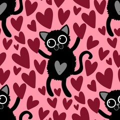 Valentines animals seamless cats and hearts pattern for wrapping paper and fabrics and linens and kids clothes print