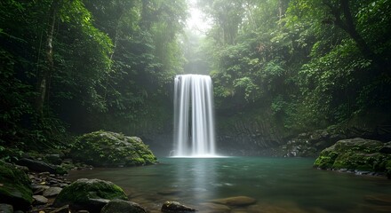 A secluded tropical waterfall, moss-covered rocks into a crystal-clear pool, social media stock photo, 16:9