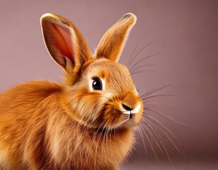 Fluffy brown rabbit with striking features in a neutral background setting