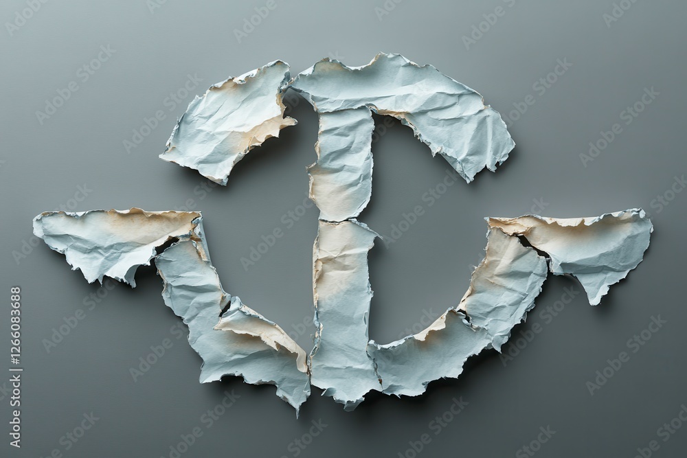 Poster torn piece of paper arranged in a circular design on a smooth gray background. generative ai