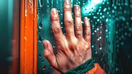 Obraz premium Caucasian hand pressing raindrop-covered glass window