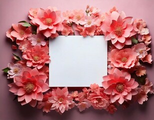 Obraz premium Colorful paper flowers frame a blank space on a pink background for creative display, mockup