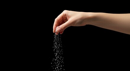 Hand Sprinkling Salt or Sugar on Black Background for Cooking