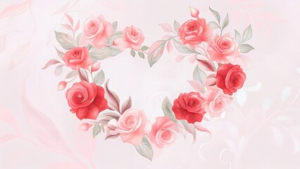 Beautiful floral heart shape made of roses on soft pink background, romantic artwork, copy space
