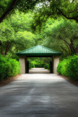 Automatic barrier and past guard shack in an Entrance of Gated Community. Access to a guarded gated community.