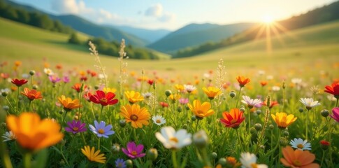 Obraz premium Vibrant wildflowers bloom in a sun-drenched meadow, rolling hills in the background , artwork, calm, fresh