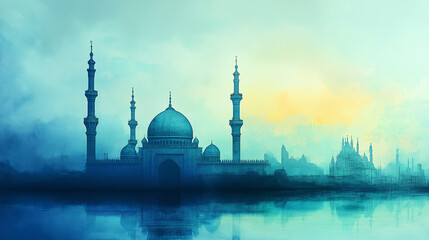 Mystical Islamic mosque with grand minarets, soft blue mist, and warm golden sky, symbolizing spirituality, devotion, and serenity during Ramadan, Eid, and religious reflections in Islamic culture