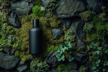 Lying on a bed of moss and rocks, a black cosmetic bottle evokes a sense of natural and organic ingredients, creating an elegant still life composition that highlights beauty and wellness