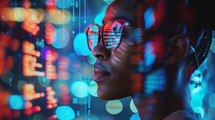 School student using artificial intelligence technology & machine learning. Interactive technology in classroom and office. Digital innovation & smart tech. AI blue hologram