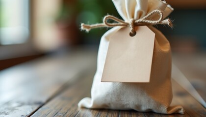 Minimalist wedding favor tag on muslin bag with twine, close-up