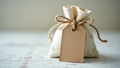 Rustic wedding favor tag on handmade linen pouch, close-up shot