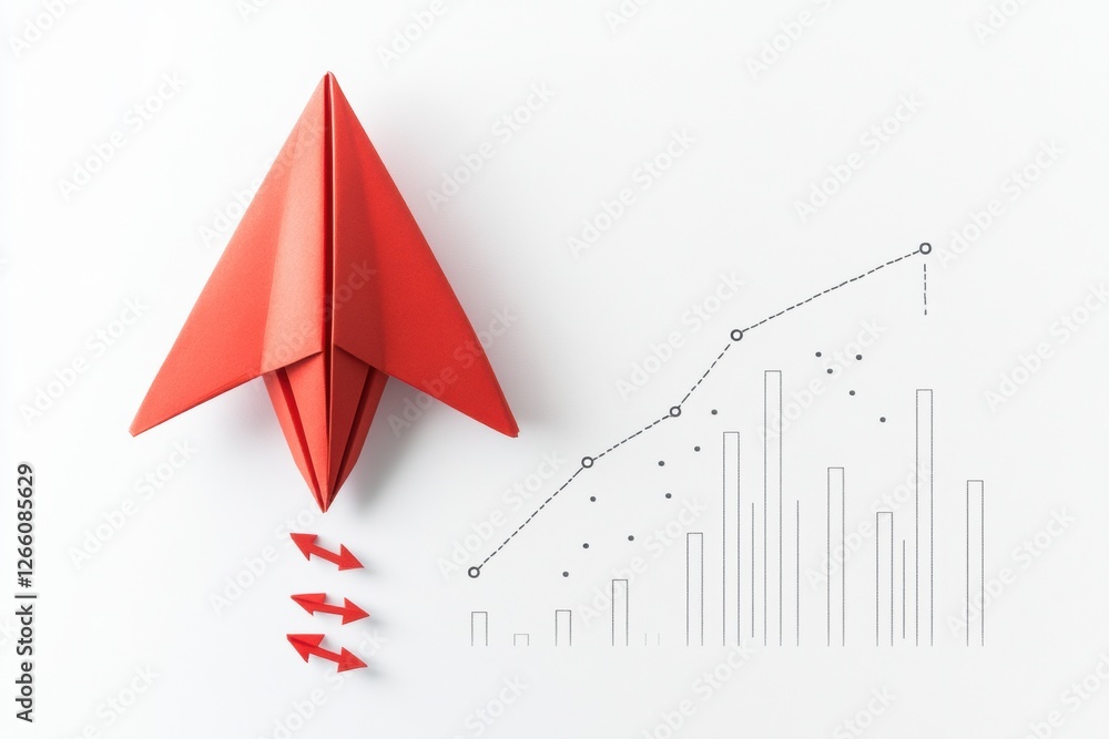 Poster Red paper plane represents business strategy and growth with graph on white background focused on success and innovation. Generative AI