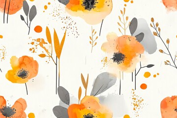 Abstract vintage print with flowers, shapes and golden lines on white background. Watercolor seamless pattern.