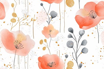 Abstract vintage print with flowers, shapes and golden lines on white background. Watercolor seamless pattern.