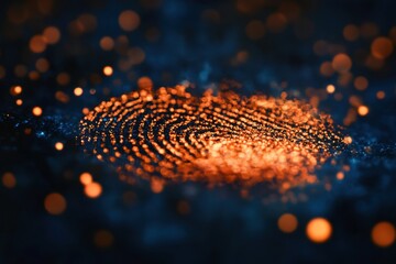 Glowing fingerprint composed of orange dots against a dark background