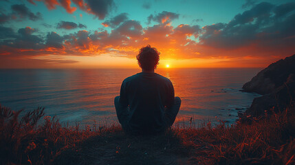 Man sitting, contemplating horizon, peaceful sky