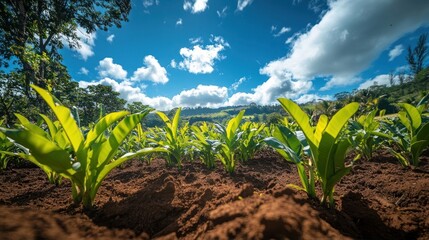 turmeric plants in a lush field under the blue sky