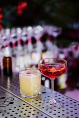 Two cocktails placed on a perforated metal bar counter. Left cocktail in a short glass with a straw and pink garnish. Right cocktail in a tall stemmed glass with pinkish-red liquid and flower garnish