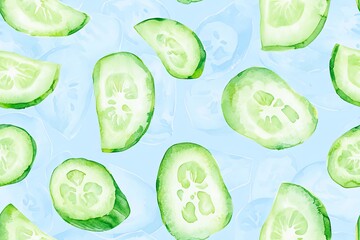 A seamless pattern of watercolor cucumber slices on a light blue background.