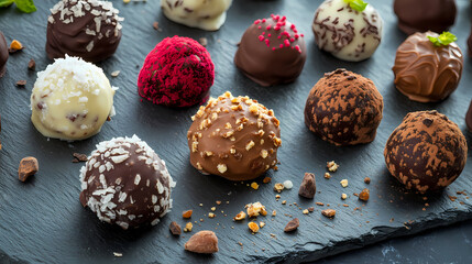 A close-up of handmade chocolate truffles with different toppings on a slate board, with blank space at the bottom for a message or promotional content. Time-Frozen Waterfalls. Illustration