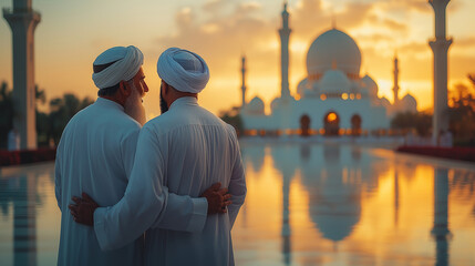 Two elderly Muslim men embracing in front of a grand mosque during sunset, symbolizing brotherhood, faith, and unity in Islam, Ramadan, Eid, and cultural traditions of togetherness