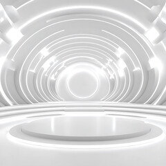 Obraz premium All-white circular stage and backdrop, featuring concentric glowing rings and minimalist, futuristic design.