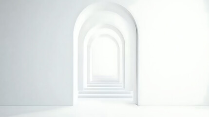 Fototapeta premium A series of white arches receding into the distance, leading to a bright, ethereal light and suggesting steps.