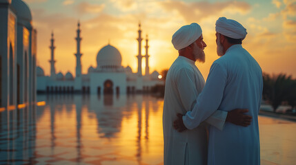 Two elderly Muslim men embracing in front of a grand mosque during sunset, symbolizing brotherhood, faith, and unity in Islam, Ramadan, Eid, and cultural traditions of togetherness