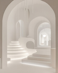 Fototapeta premium Arched doorways and staircases in a minimalist all-white interior with soft light and a modern aesthetic.