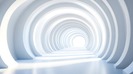 Fototapeta premium Endless white hallway formed by repeating arches, leading to a bright light.
