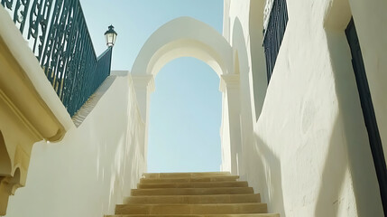 White walls and stairs lead to an arched opening framing the clear blue sky above.