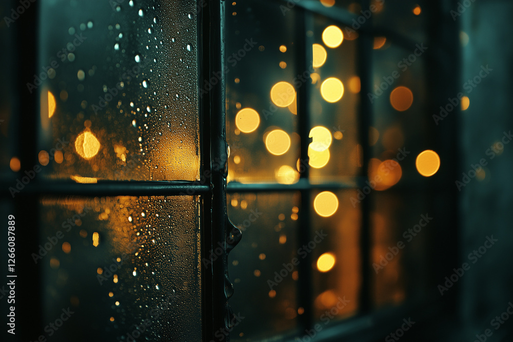 Poster raindrops on window with soft bokeh lights creating cozy rainy day atmosphere generative ai