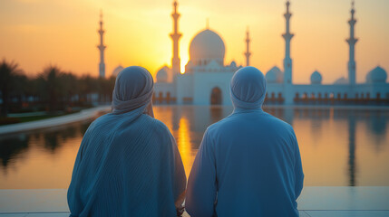 Two Muslim men sitting peacefully near a mosque at sunset, reflecting on faith, spirituality, and devotion during the holy month of Ramadan and Eid celebrations in Islamic culture