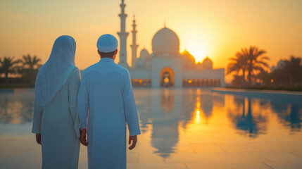 Two Muslim men standing together facing a beautiful mosque at sunset, symbolizing faith, unity, reflection, and devotion during Ramadan, Eid, and Islamic religious traditions in Middle Eastern culture