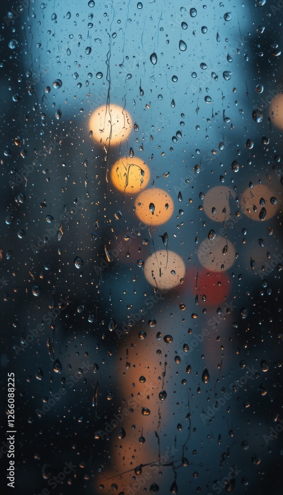 Poster raindrops on window with soft bokeh lights creating cozy rainy day atmosphere generative ai