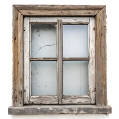 Antique Vintage Window in 4K: Weathered Wood, Peeling Paint, and Imperfect Glass Panes with Timeless Charm on Pure White Background