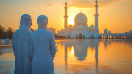 Two Muslim men standing together facing a beautiful mosque at sunset, symbolizing faith, unity, reflection, and devotion during Ramadan, Eid, and Islamic religious traditions in Middle Eastern culture